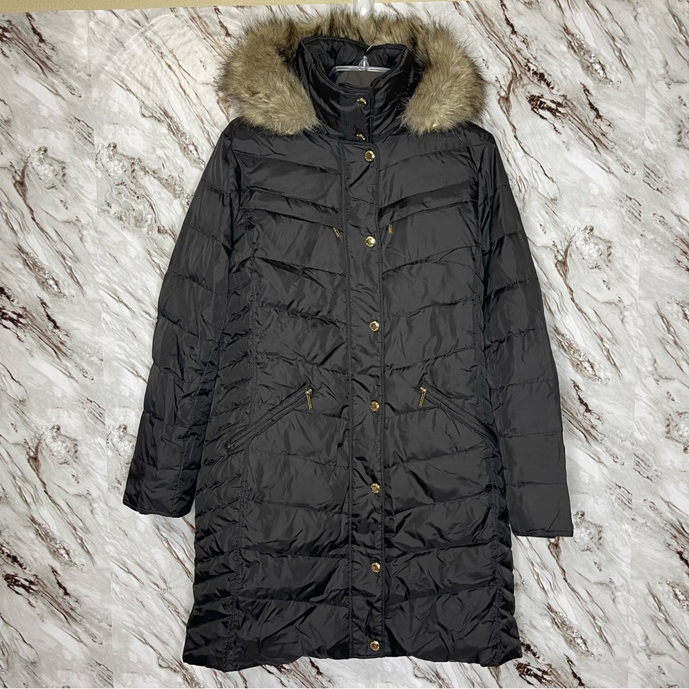 Michael Kors Women Faux Fur Trim Hooded Quilted Down Puffer Coat Parka S Black